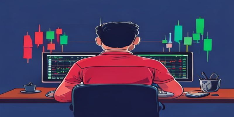A trader looking at a computer screen showing red and green candlesticks on a futures trading platform